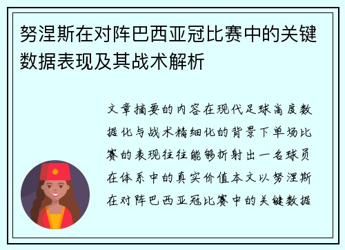 努涅斯在对阵巴西亚冠比赛中的关键数据表现及其战术解析