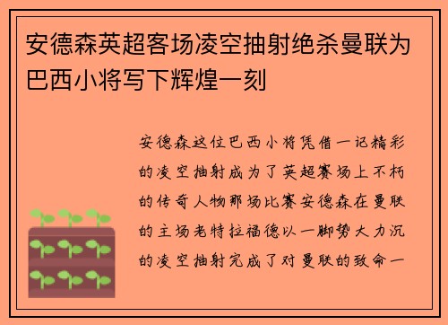 安德森英超客场凌空抽射绝杀曼联为巴西小将写下辉煌一刻 安德森英超客场凌空抽射绝杀曼联为巴西小将写下辉煌一刻